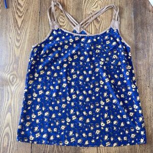 edge tank top brown faux‎ suede straps and edging, blue animal print Large